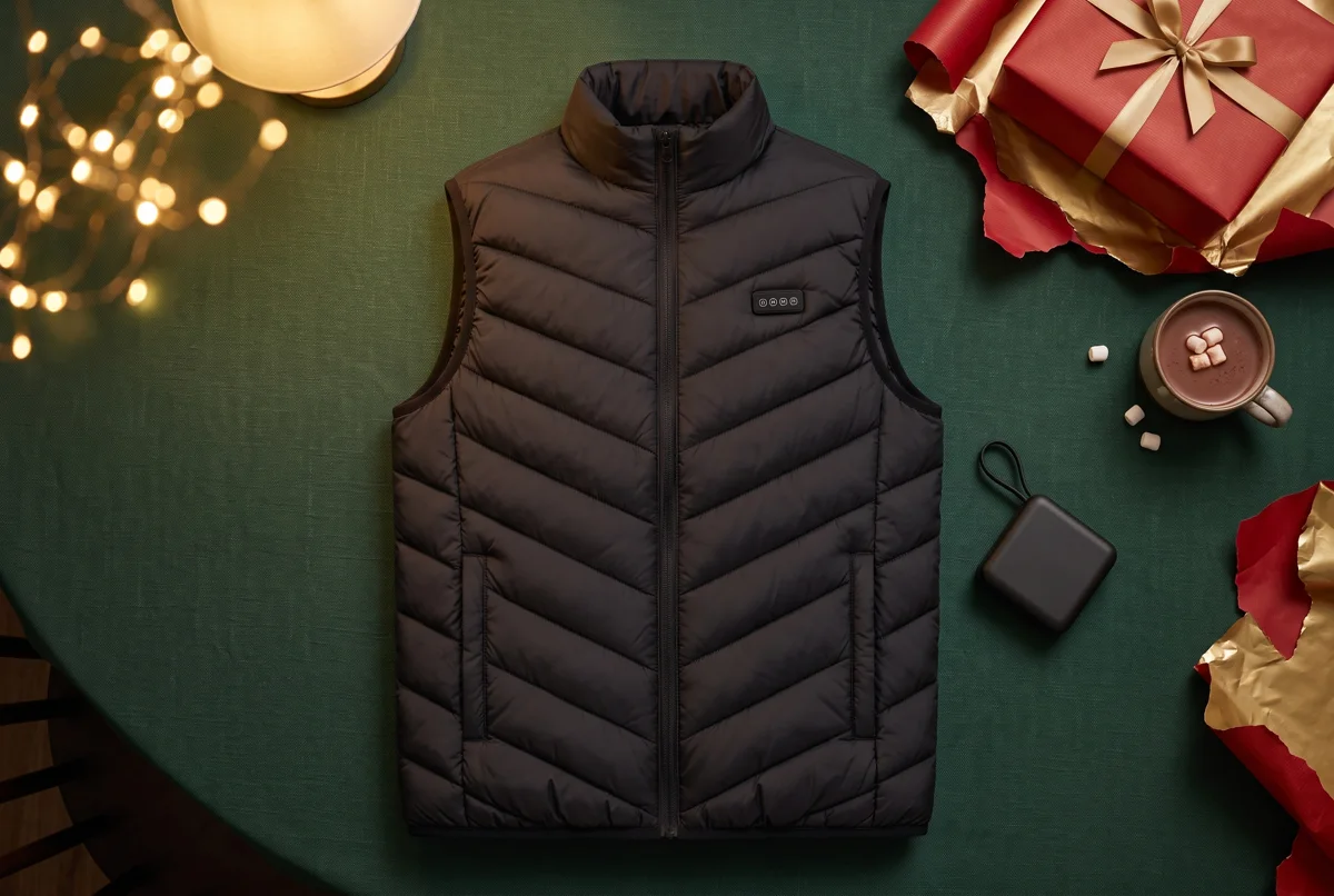The black Calvane heated vest with its small battery