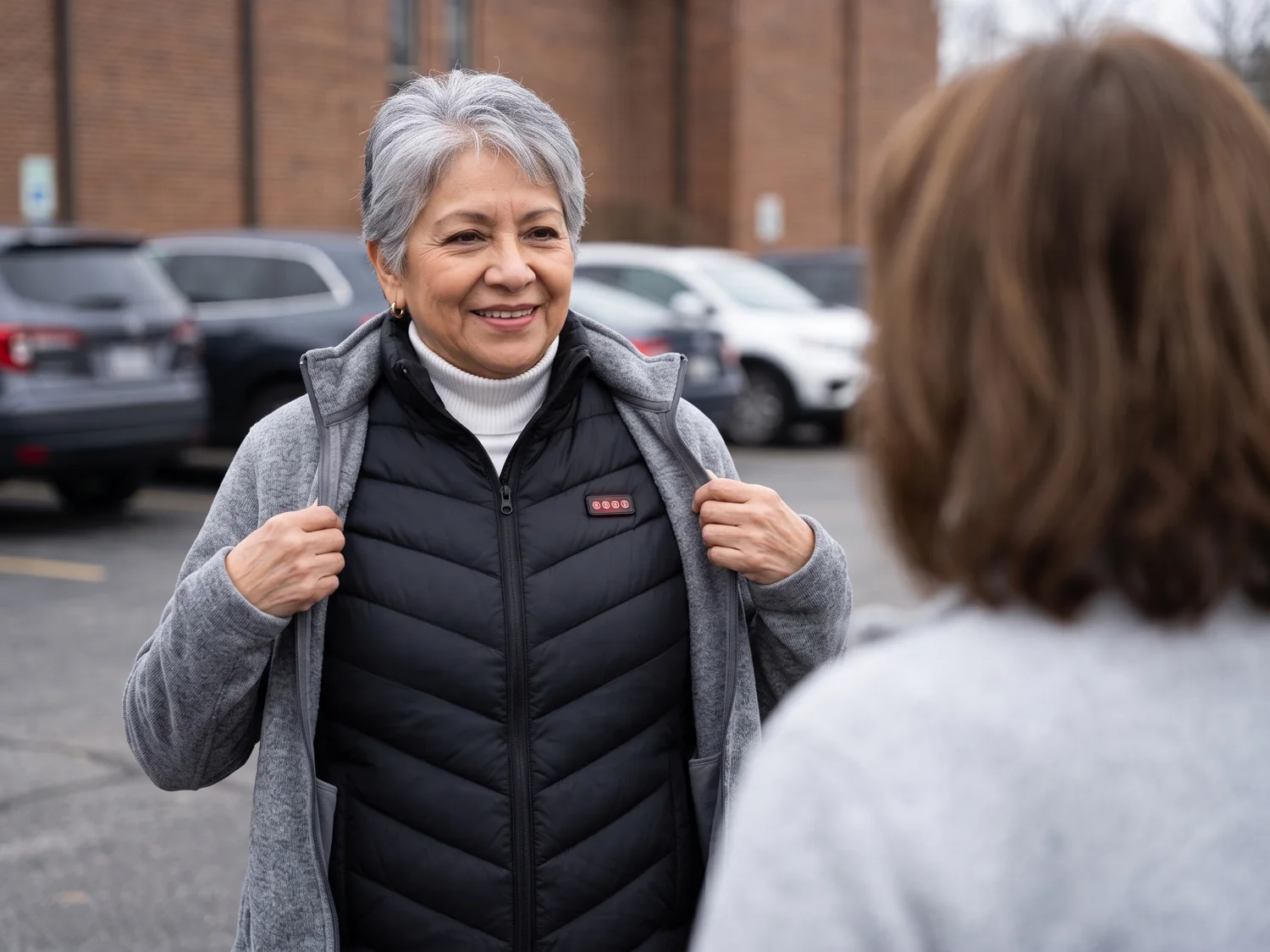 An older woman unzipping her fleece jacket in a church parking lot to show a thin black quilted vest underneath