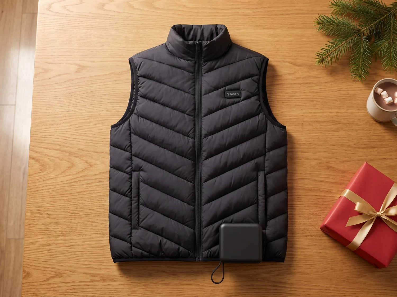 The black Calvane heated vest laid on a wooden table beside its small black battery and a wrapped gift box