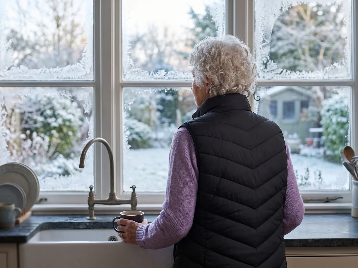 The black heated vest worn by an older woman seen from behind at a kitchen window, frost on the glass
