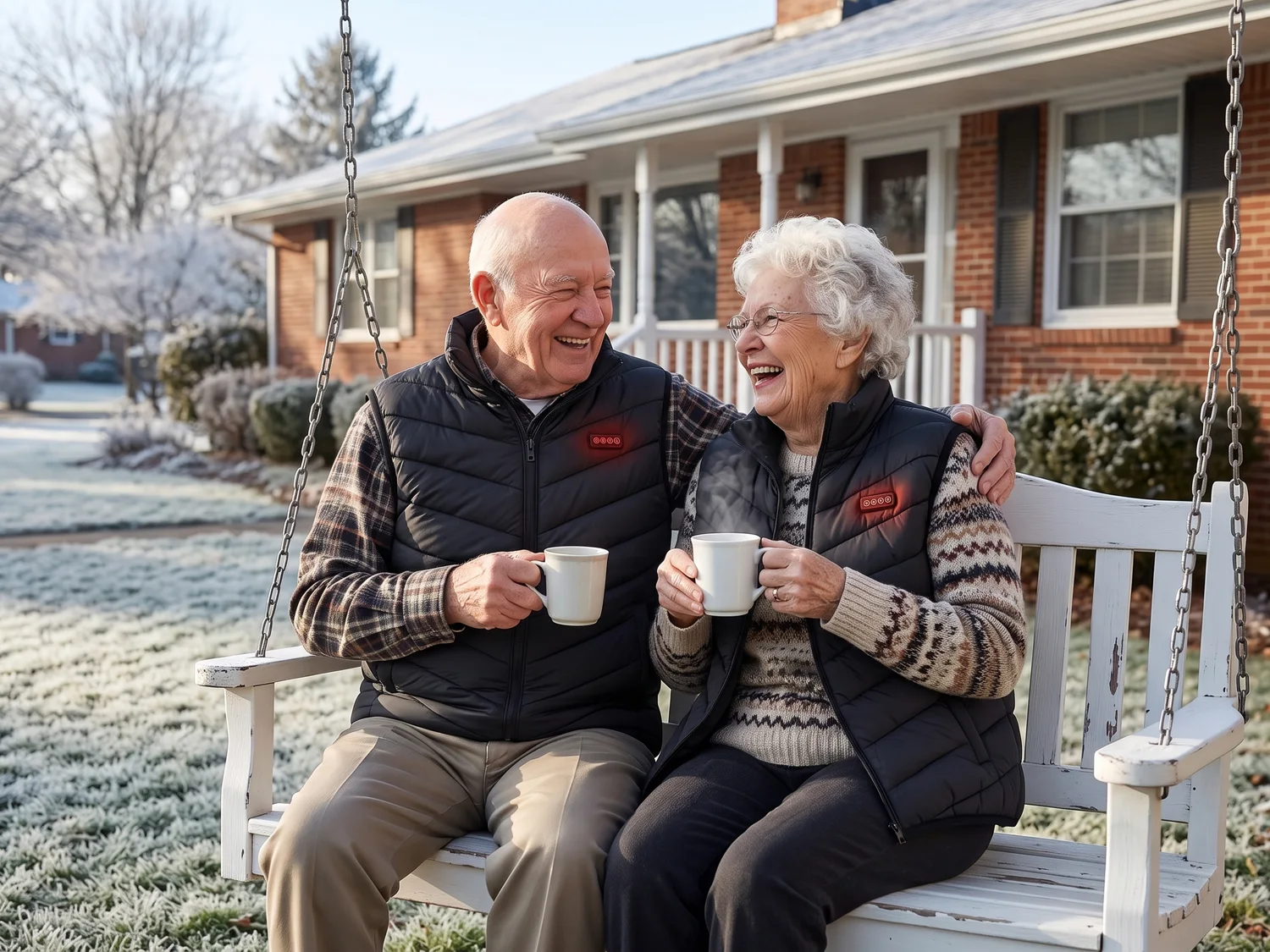 An elderly mother and father on their porch swing on a frosty morning, both wearing black heated vests, holding coffee mugs and smiling